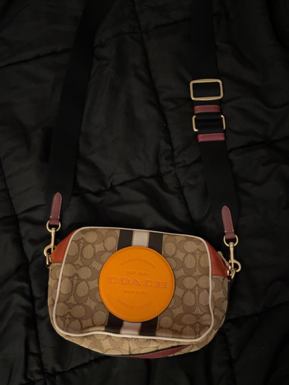 Coach Brown Signature Canvas Crossbody with Orange Patch and Black Strap